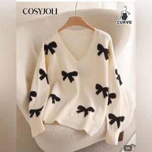 Plus Size SHEIN Cream V-Neck Sweater with Black Bow Accents Size 1X